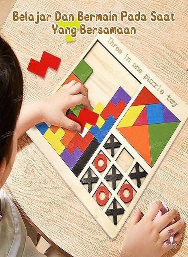 WEZOSHINET 3-in-1 Wooden Puzzle Toy for Kids Wooden Children's Educational Colorful Square Tangram Game Chess Xo Tic-Tac-Toe Nine-Square Three-in-One Puzzle Game Building Blocks Early Education Toy - Image 5